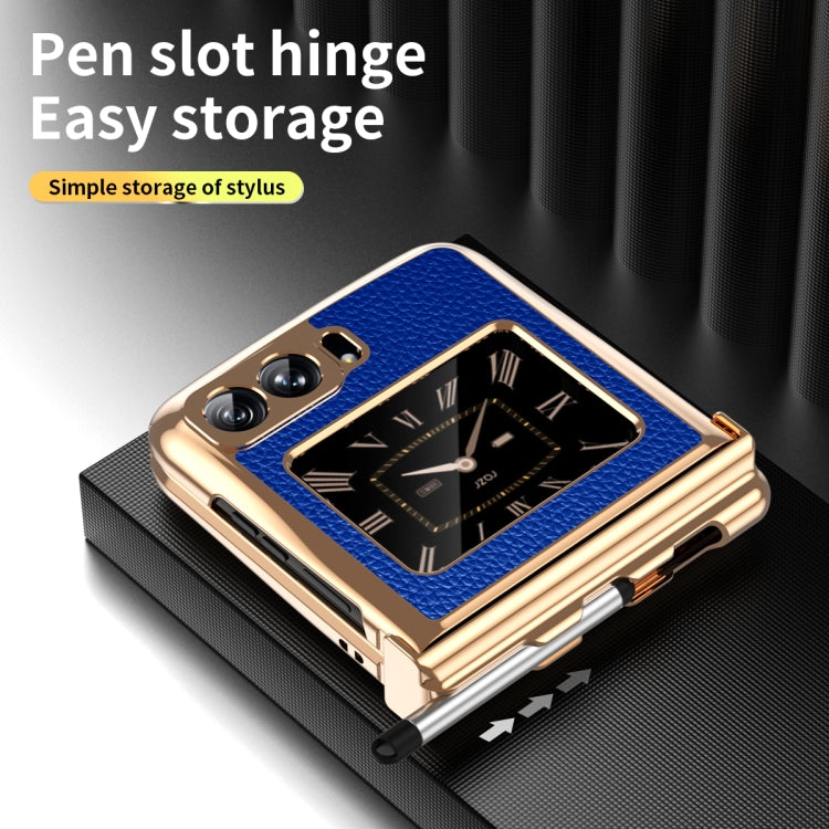 For Motorola Razr 2022 Foldable Electroplated Plain Leather Phone Case with Stylus(Blue) - Motorola Cases by PMC TechLife | Online Shopping South Africa | PMC TechLife | Buy Now Pay Later Mobicred