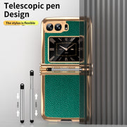 For Motorola Razr 2022 Foldable Electroplated Plain Leather Phone Case with Stylus(Emeralds)