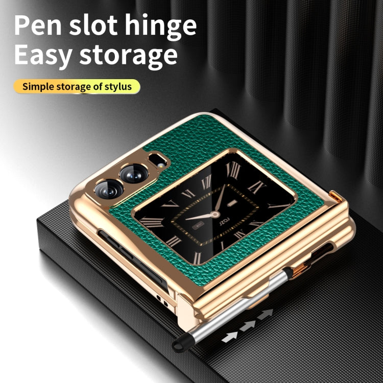 For Motorola Razr 2022 Foldable Electroplated Plain Leather Phone Case with Stylus(Emeralds) - Motorola Cases by PMC TechLife | Online Shopping South Africa | PMC TechLife | Buy Now Pay Later Mobicred