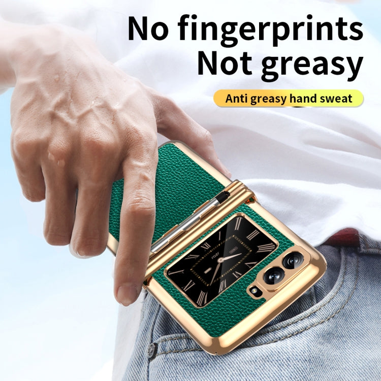 For Motorola Razr 2022 Foldable Electroplated Plain Leather Phone Case with Stylus(Emeralds)