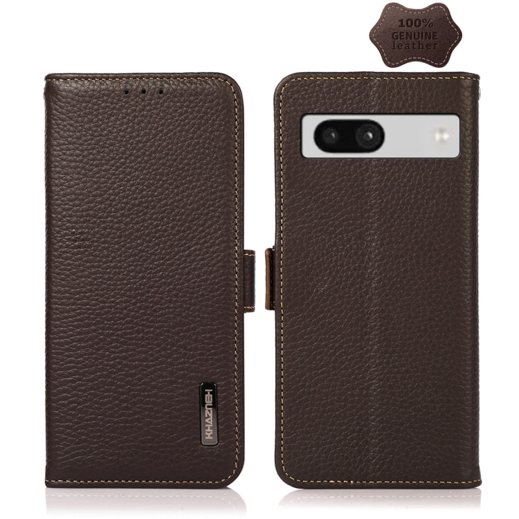 For Google Pixel 7A KHAZNEH Side-Magnetic Litchi Genuine Leather RFID Phone Case(Brown) - Google Cases by PMC TechLife | Online Shopping South Africa | PMC TechLife | Buy Now Pay Later Mobicred