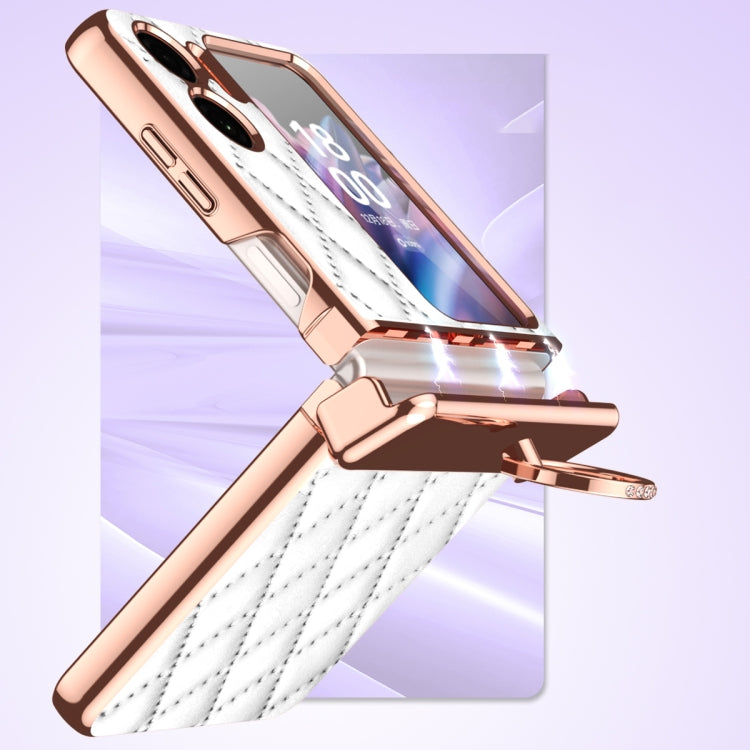For OPPO Find N2 Flip Rhombus Pattern Electroplated Plain Leather Magnetic Phone Case with Ring(White) - Find N2 Flip Cases by PMC TechLife | Online Shopping South Africa | PMC TechLife | Buy Now Pay Later Mobicred