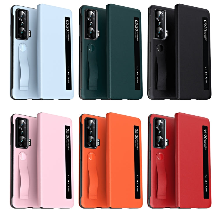 For Honor Magic Vs Side Window View Smart Litchi Pattern Leather Phone Case with Hand Strap(Orange)