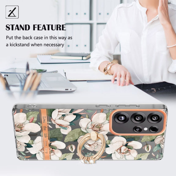 For Samsung Galaxy S25 Ultra 5G Flowers and Plants Series IMD TPU Phone Case with Ring Holder(Green Gardenia)