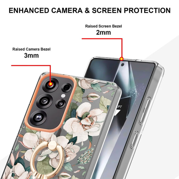 For Samsung Galaxy S25 Ultra 5G Flowers and Plants Series IMD TPU Phone Case with Ring Holder(Green Gardenia)
