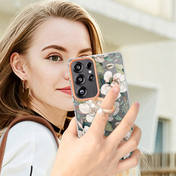 For Samsung Galaxy S25 Ultra 5G Flowers and Plants Series IMD TPU Phone Case with Ring Holder(Green Gardenia)