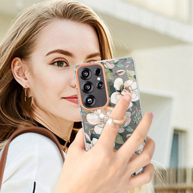 For Samsung Galaxy S25 Ultra 5G Flowers and Plants Series IMD TPU Phone Case with Ring Holder(Green Gardenia)