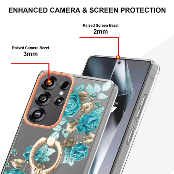 For Samsung Galaxy S25 Ultra 5G Flowers and Plants Series IMD TPU Phone Case with Ring Holder(Blue Rose)
