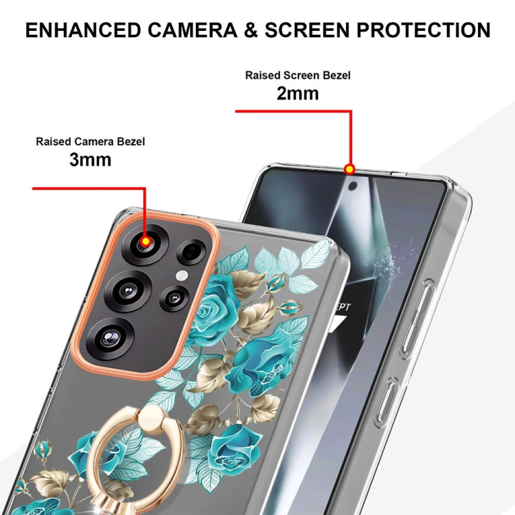 For Samsung Galaxy S25 Ultra 5G Flowers and Plants Series IMD TPU Phone Case with Ring Holder(Blue Rose)