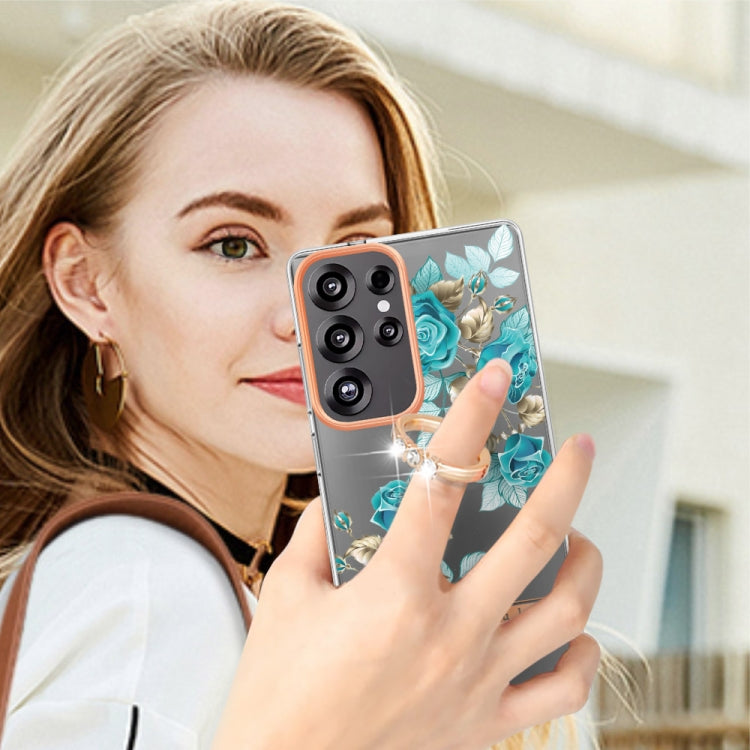 For Samsung Galaxy S25 Ultra 5G Flowers and Plants Series IMD TPU Phone Case with Ring Holder(Blue Rose)