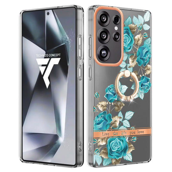 For Samsung Galaxy S25 Ultra 5G Flowers and Plants Series IMD TPU Phone Case with Ring Holder(Blue Rose)