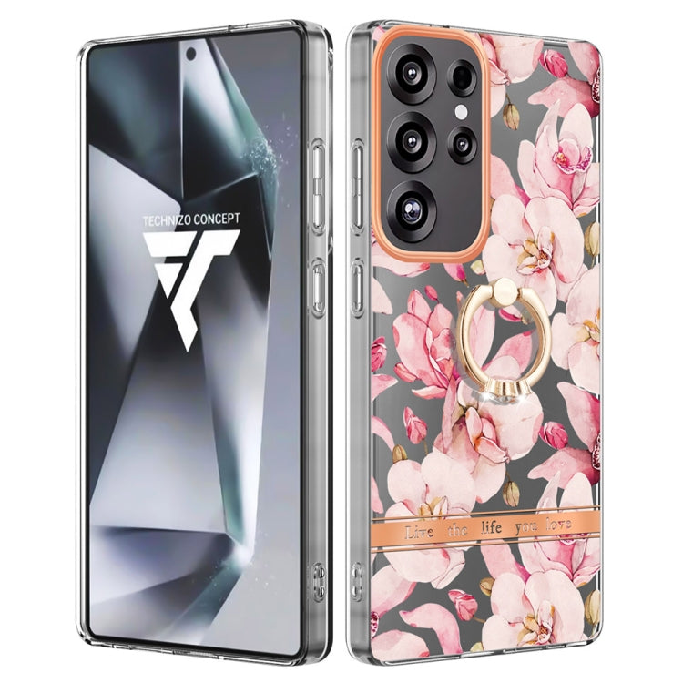 For Samsung Galaxy S25 Ultra 5G Flowers and Plants Series IMD TPU Phone Case with Ring Holder(Pink Gardenia) - Galaxy S25 Ultra 5G Cases by PMC TechLife | Online Shopping South Africa | PMC TechLife | Buy Now Pay Later Mobicred