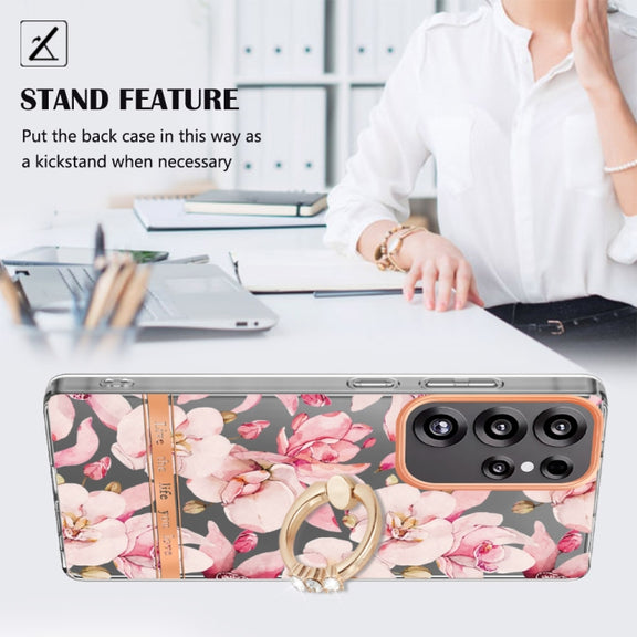 For Samsung Galaxy S25 Ultra 5G Flowers and Plants Series IMD TPU Phone Case with Ring Holder(Pink Gardenia)