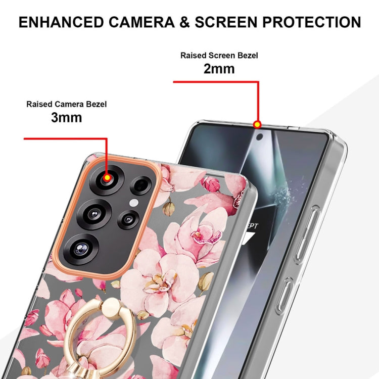 For Samsung Galaxy S25 Ultra 5G Flowers and Plants Series IMD TPU Phone Case with Ring Holder(Pink Gardenia)