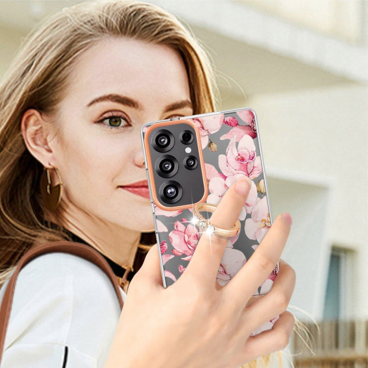 For Samsung Galaxy S25 Ultra 5G Flowers and Plants Series IMD TPU Phone Case with Ring Holder(Pink Gardenia)