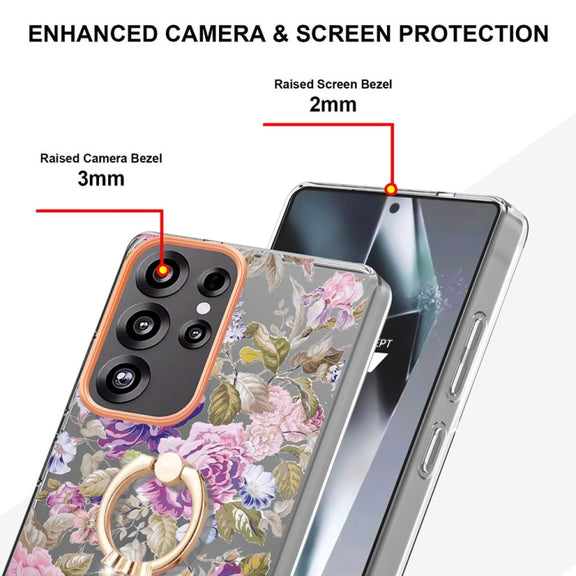 For Samsung Galaxy S25 Ultra 5G Flowers and Plants Series IMD TPU Phone Case with Ring Holder(Purple Peony)