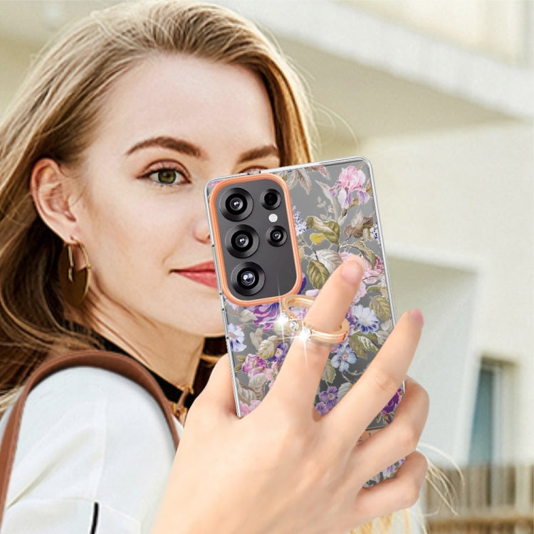 For Samsung Galaxy S25 Ultra 5G Flowers and Plants Series IMD TPU Phone Case with Ring Holder(Purple Peony)