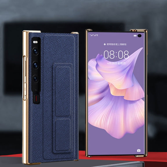 For Huawei Mate Xs 2 Electroplated Cross Pattern Leather All-inclusive Phone Case with Stand(Sapphire Blue Gold)