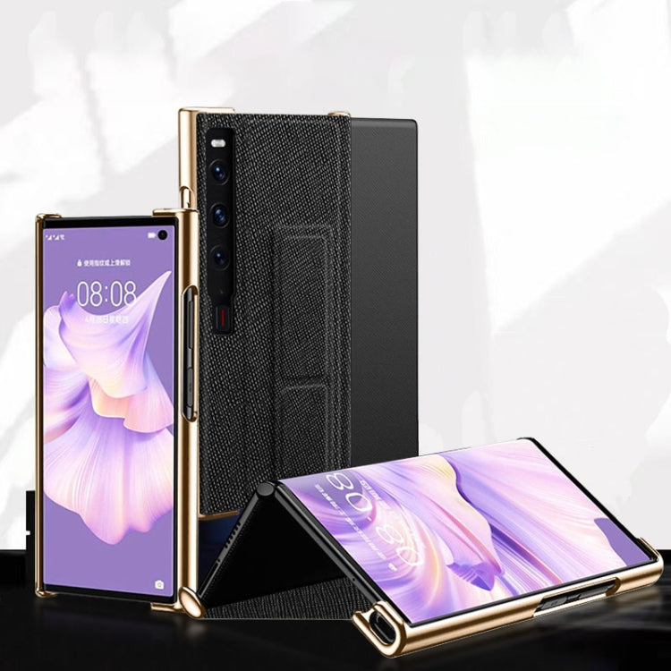 For Huawei Mate Xs 2 Electroplated Cross Pattern Leather All-inclusive Phone Case with Stand(Sapphire Blue Gold)