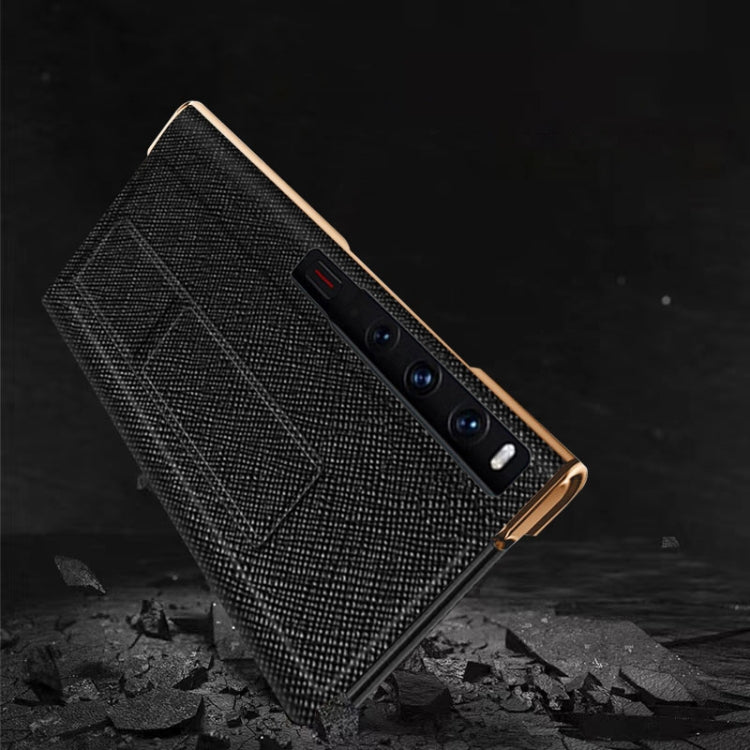 For Huawei Mate Xs 2 Electroplated Cross Pattern Leather All-inclusive Phone Case with Stand(Sapphire Blue Gold) - Huawei Cases by PMC TechLife | Online Shopping South Africa | PMC TechLife | Buy Now Pay Later Mobicred