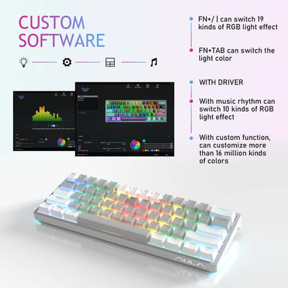 AULA F3261 Type-C Wired Hot Swappable 61 Keys RGB Mechanical Keyboard(Grey Black Green Shaft) - free shipping - PMC Jewellery - Order now!