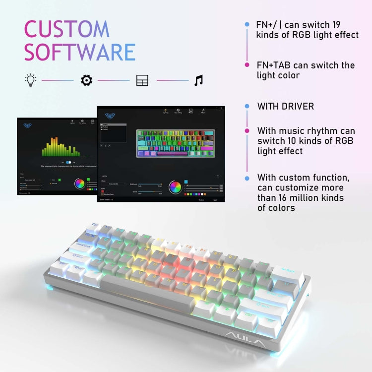 AULA F3261 Type-C Wired Hot Swappable 61 Keys RGB Mechanical Keyboard(Black Grey Tea Shaft)