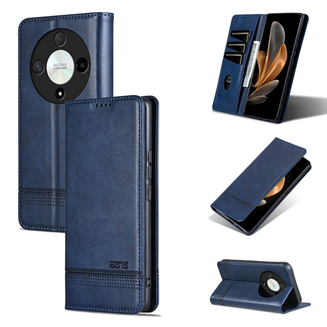 For Honor Magic6 Lite 5G/X9b AZNS Magnetic Calf Texture Flip Leather Phone Case(Dark Blue)