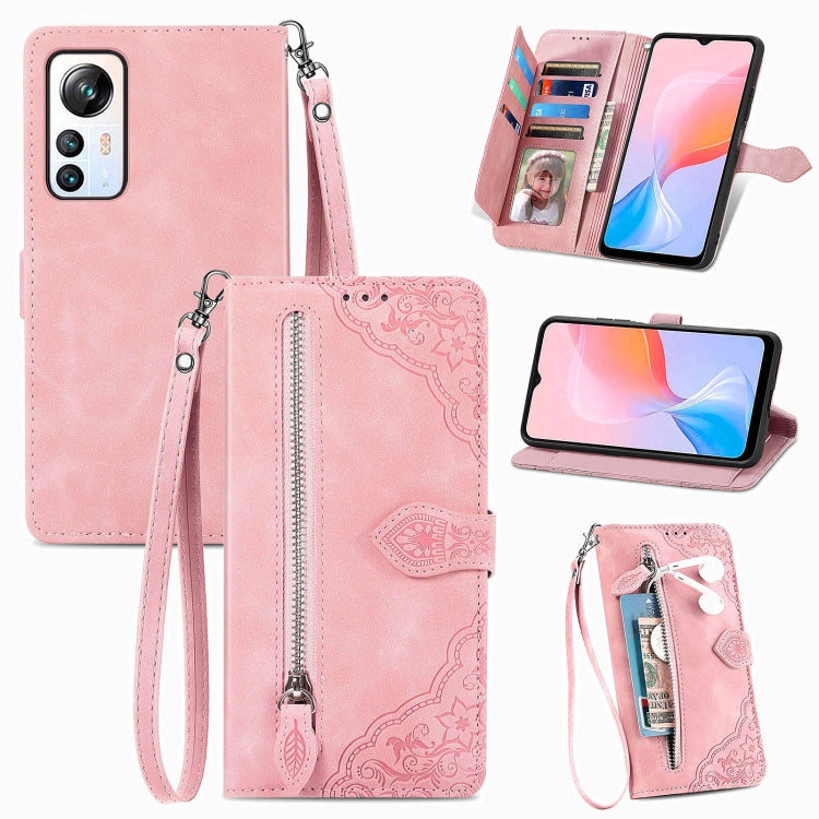 For Blackview A85 Embossed Flower Zipper Leather Phone Case(Pink) - More Brand by PMC TechLife | Online Shopping South Africa | PMC TechLife