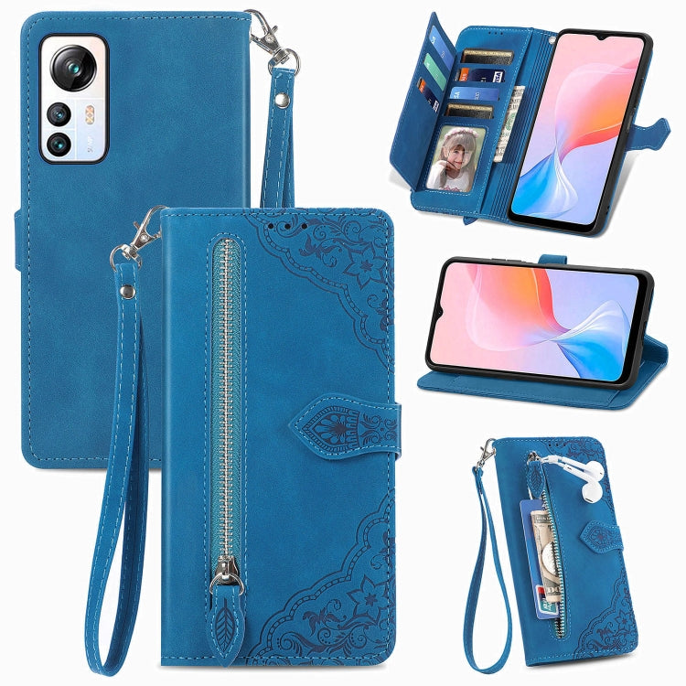 For Blackview A85 Embossed Flower Zipper Leather Phone Case(Blue) - More Brand by PMC TechLife | Online Shopping South Africa | PMC TechLife | Buy Now Pay Later Mobicred