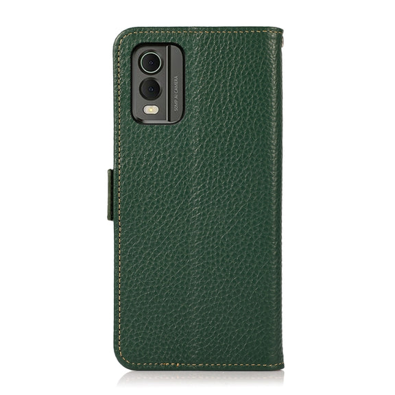 For Nokia C32 KHAZNEH Side-Magnetic Litchi Genuine Leather RFID Phone Case(Green)