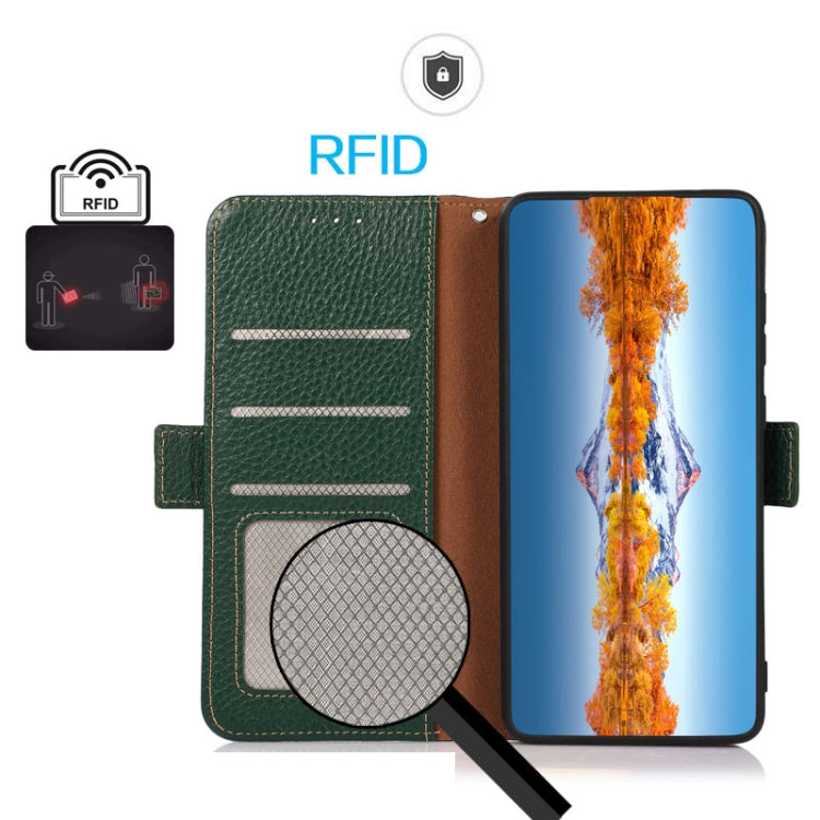 For Nokia C32 KHAZNEH Side-Magnetic Litchi Genuine Leather RFID Phone Case(Green) - Nokia Cases by PMC TechLife | Online Shopping South Africa | PMC TechLife | Buy Now Pay Later Mobicred