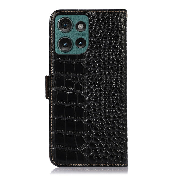 For Motorola Edge 50 Global Crocodile Top Layer Cowhide Leather Phone Case(Black)