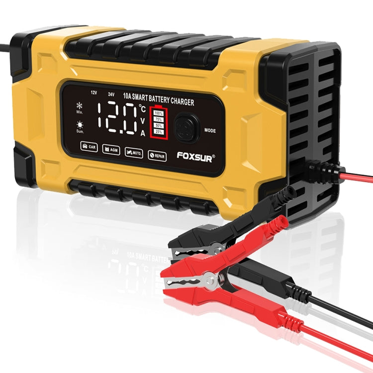 FOXSUR 12V / 24V / 10A Car / Motorcycle Battery Smart Repair Lead-acid Battery Charger(UK Plug Yellow) - free shipping - PMC TechLife - Order now!