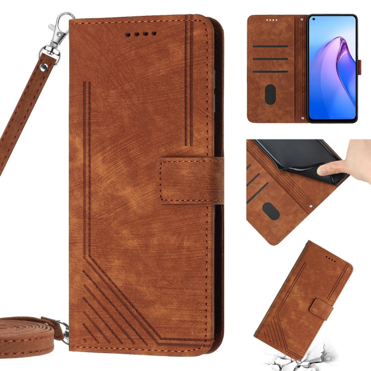For OPPO Reno7 5G Global / Find X5 Lite Skin Feel Stripe Pattern Leather Phone Case with Lanyard(Brown) - OPPO Cases by PMC TechLife | Online Shopping South Africa | PMC TechLife | Buy Now Pay Later Mobicred