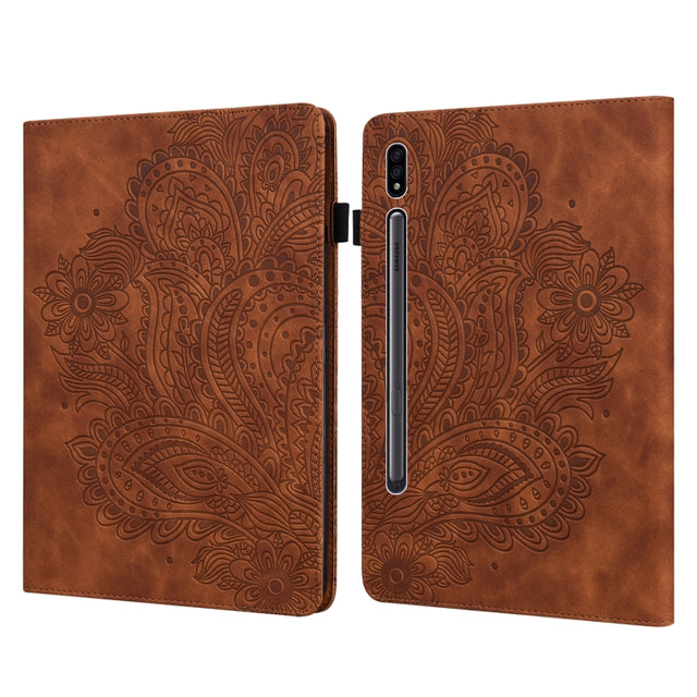 For Samsung Galaxy Tab S9 / S9 FE Peacock Embossed Pattern Leather Tablet Case(Brown)