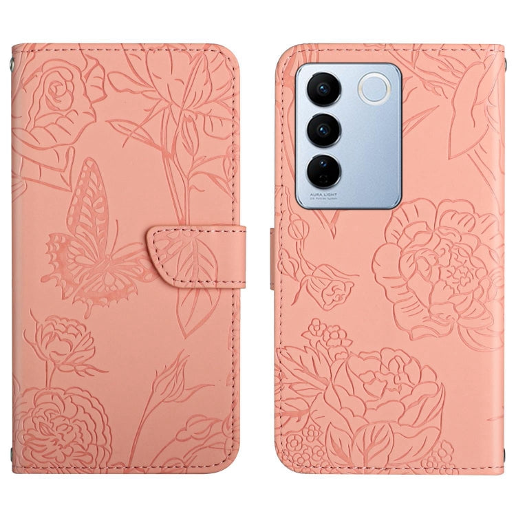 For vivo V27 HT03 Skin Feel Butterfly Embossed Flip Leather Phone Case(Pink) - vivo Cases by PMC TechLife | Online Shopping South Africa | PMC TechLife