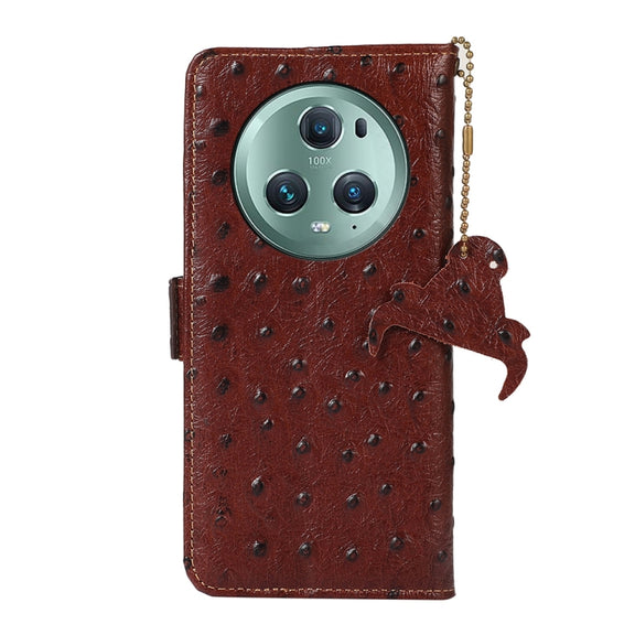 For Honor Magic5 Pro Ostrich Pattern Genuine Leather RFID Phone Case(Coffee)