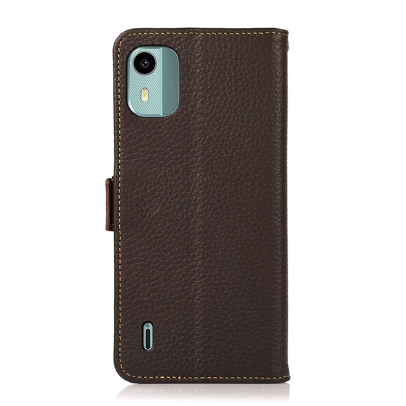 For Nokia C12 4G KHAZNEH Side-Magnetic Litchi Genuine Leather RFID Phone Case(Brown)