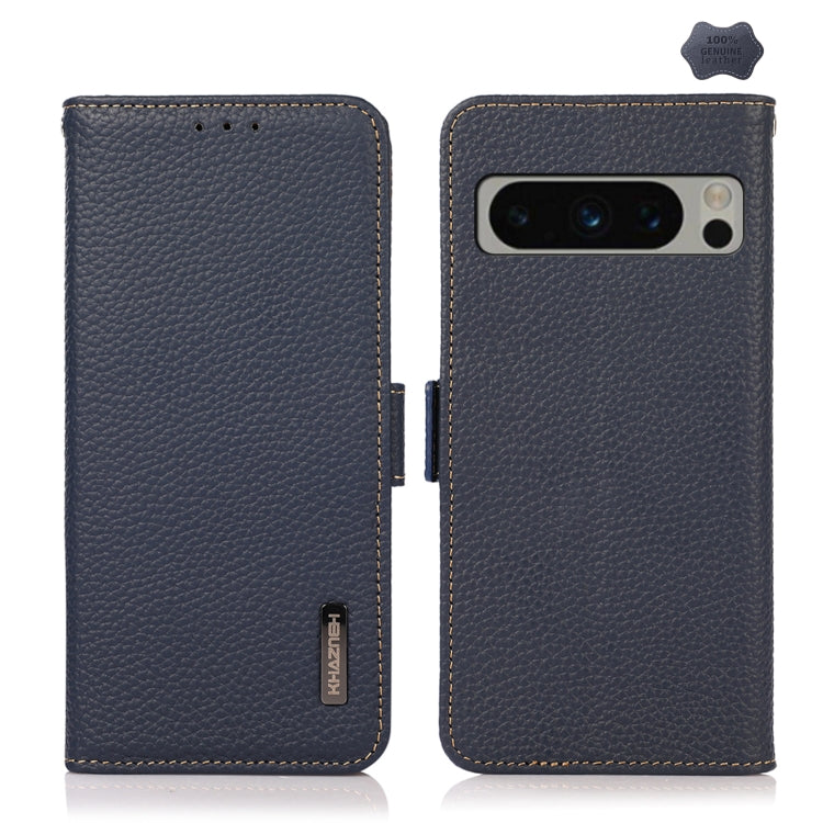 For Google Pixel 8 Pro KHAZNEH Side-Magnetic Litchi Genuine Leather RFID Phone Case(Blue) - Google Cases by PMC TechLife | Online Shopping South Africa | PMC TechLife | Buy Now Pay Later Mobicred