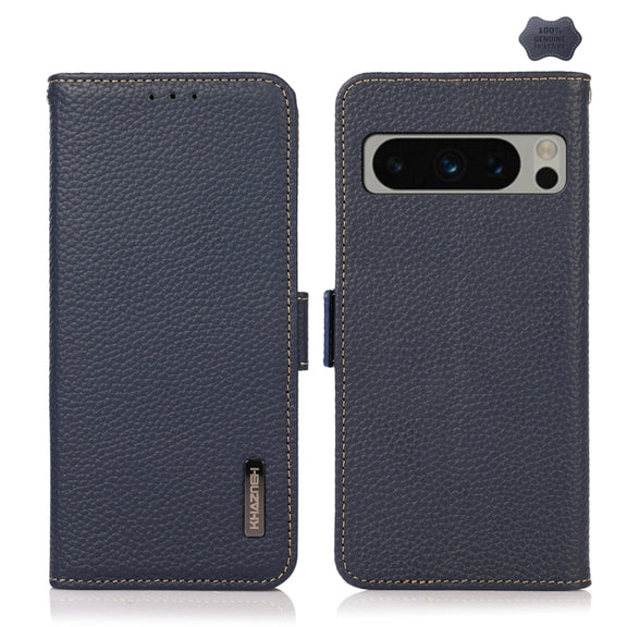 For Google Pixel 8 Pro KHAZNEH Side-Magnetic Litchi Genuine Leather RFID Phone Case(Blue)