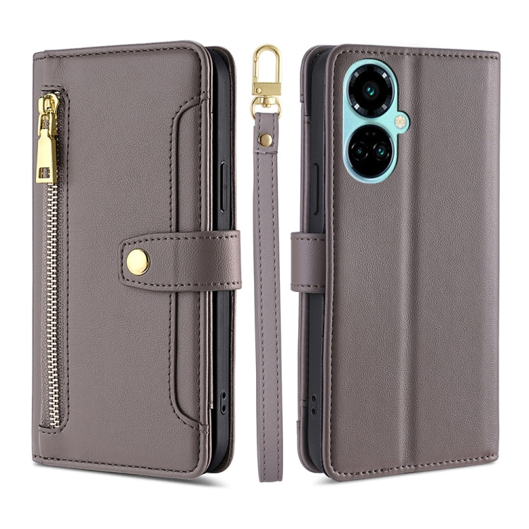 For Tecno Camon 19 / 19 Pro Sheep Texture Cross-body Zipper Wallet Leather Phone Case(Grey) - Tecno Cases by PMC TechLife | Online Shopping South Africa | PMC TechLife | Buy Now Pay Later Mobicred