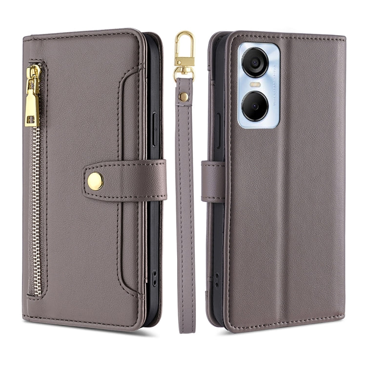 For Tecno Pop 6 Pro Sheep Texture Cross-body Zipper Wallet Leather Phone Case(Grey) - Tecno Cases by PMC TechLife | Online Shopping South Africa | PMC TechLife | Buy Now Pay Later Mobicred