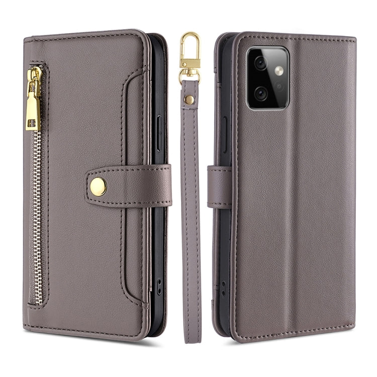 For Motorola Moto G Power 2023 Sheep Texture Cross-body Zipper Wallet Leather Phone Case(Grey) - Motorola Cases by PMC TechLife | Online Shopping South Africa | PMC TechLife | Buy Now Pay Later Mobicred