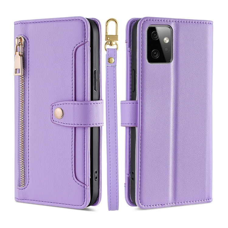 For Motorola Moto G Power 2023 Sheep Texture Cross-body Zipper Wallet Leather Phone Case(Purple) - Motorola Cases by PMC TechLife | Online Shopping South Africa | PMC TechLife | Buy Now Pay Later Mobicred