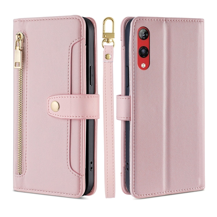 For Rakuten Hand 4G Sheep Texture Cross-body Zipper Wallet Leather Phone Case(Pink) - More Brand by PMC TechLife | Online Shopping South Africa | PMC TechLife | Buy Now Pay Later Mobicred