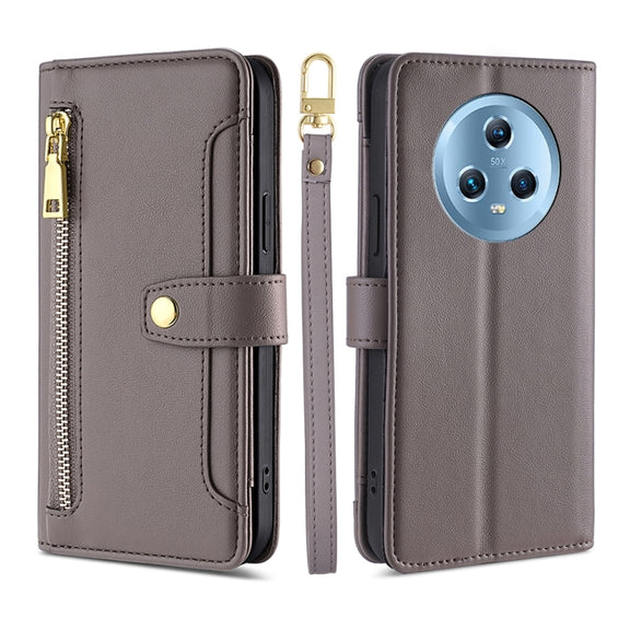 For Honor Magic5 Sheep Texture Cross-body Zipper Wallet Leather Phone Case(Grey)