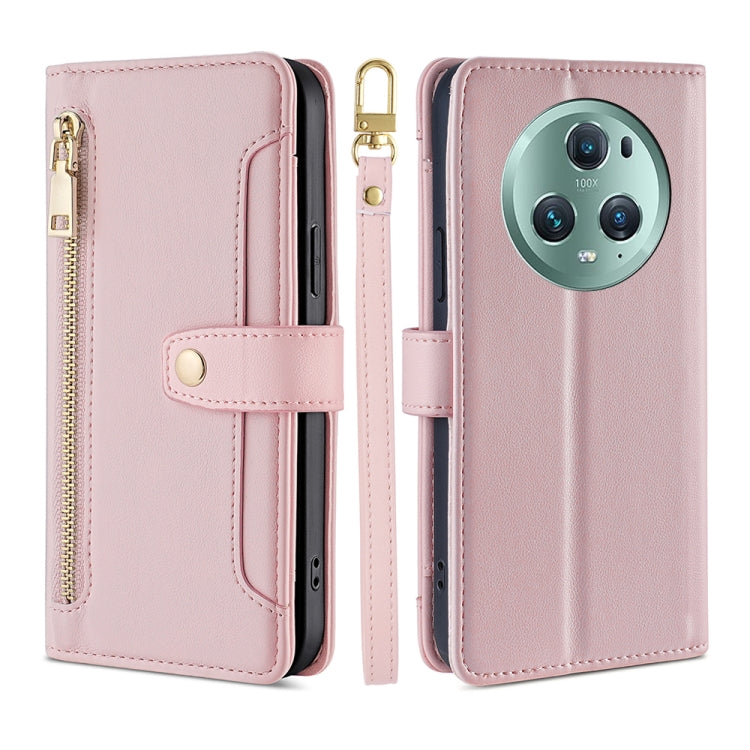 For Honor Magic5 Pro Sheep Texture Cross-body Zipper Wallet Leather Phone Case(Pink) - Honor Cases by PMC TechLife | Online Shopping South Africa | PMC TechLife | Buy Now Pay Later Mobicred