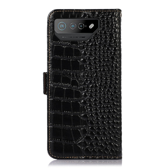 For Asus ROG Phone 7 Crocodile Top Layer Cowhide Leather Phone Case(Black)