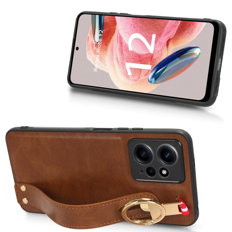 For Redmi Note 12 4G Global Wristband Leather Back Phone Case(Brown) - Note 12 Cases by PMC TechLife | Online Shopping South Africa | PMC TechLife | Buy Now Pay Later Mobicred