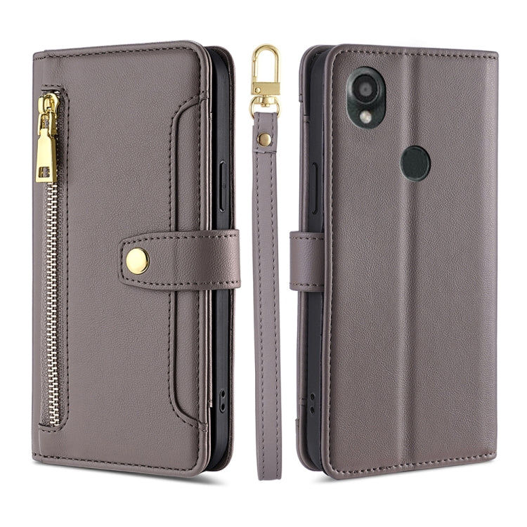 For Kyocera Digno SX3-KYG02 Sheep Texture Cross-body Zipper Wallet Leather Phone Case(Grey) - More Brand by PMC TechLife | Online Shopping South Africa | PMC TechLife | Buy Now Pay Later Mobicred